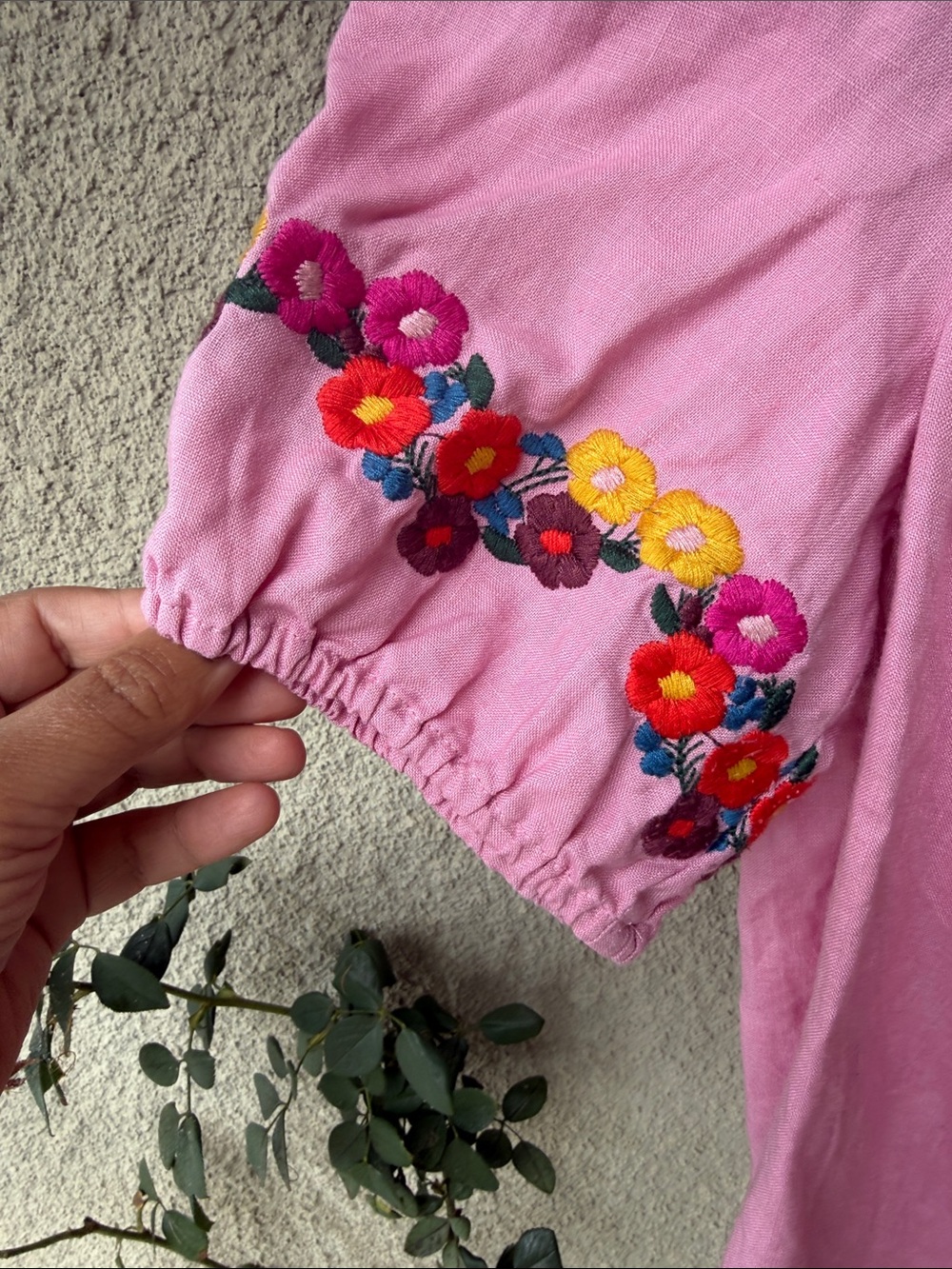 Boden Embroidered Pink Peasant Top with Floral Accents 100% Linen - Picture 3 of 7